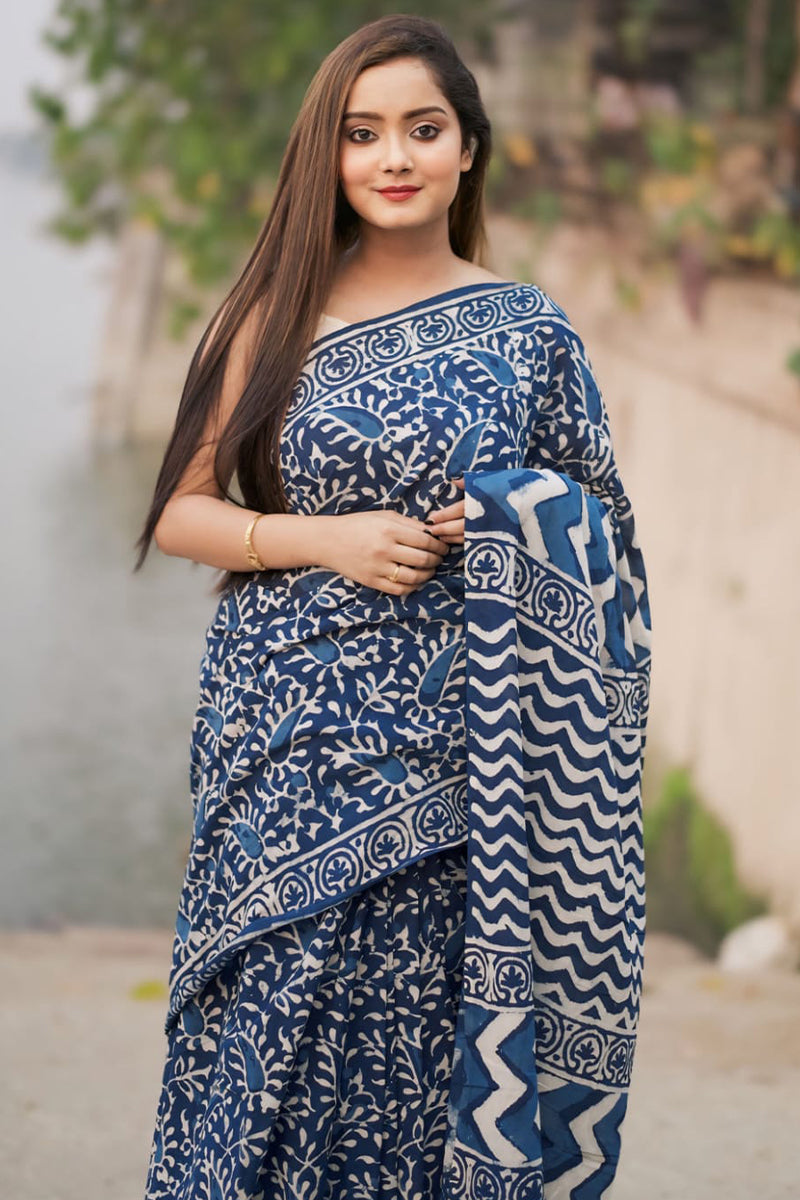 Ephemeral 1-Minute Ready To Wear Blue Cotton Saree