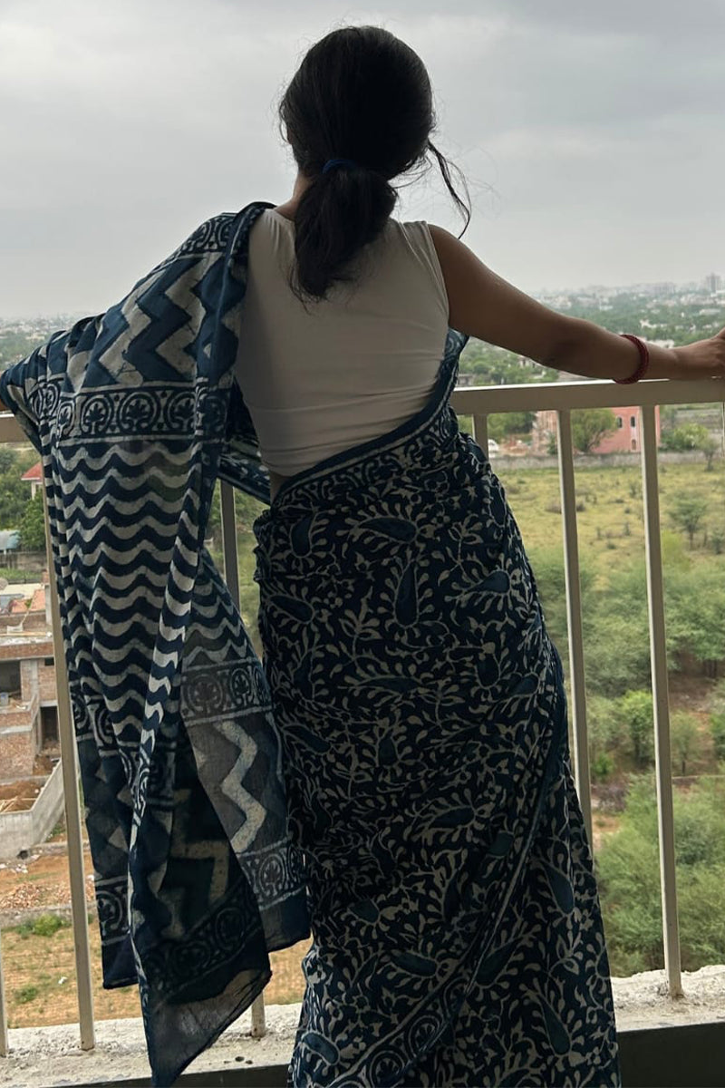 Ephemeral 1-Minute Ready To Wear Blue Cotton Saree