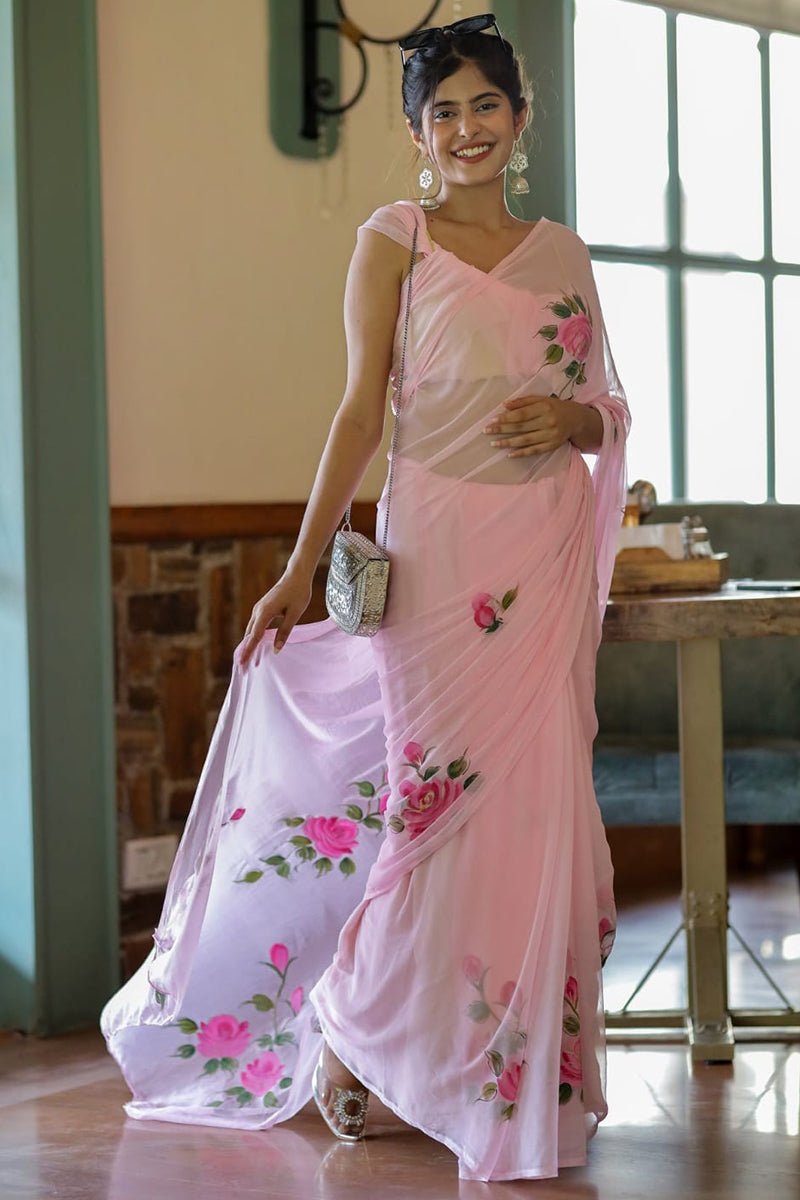 Beautiful 1-Minute Ready To Wear Pink Georgette Saree