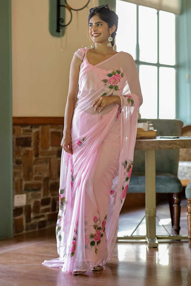 Beautiful 1-Minute Ready To Wear Pink Georgette Saree