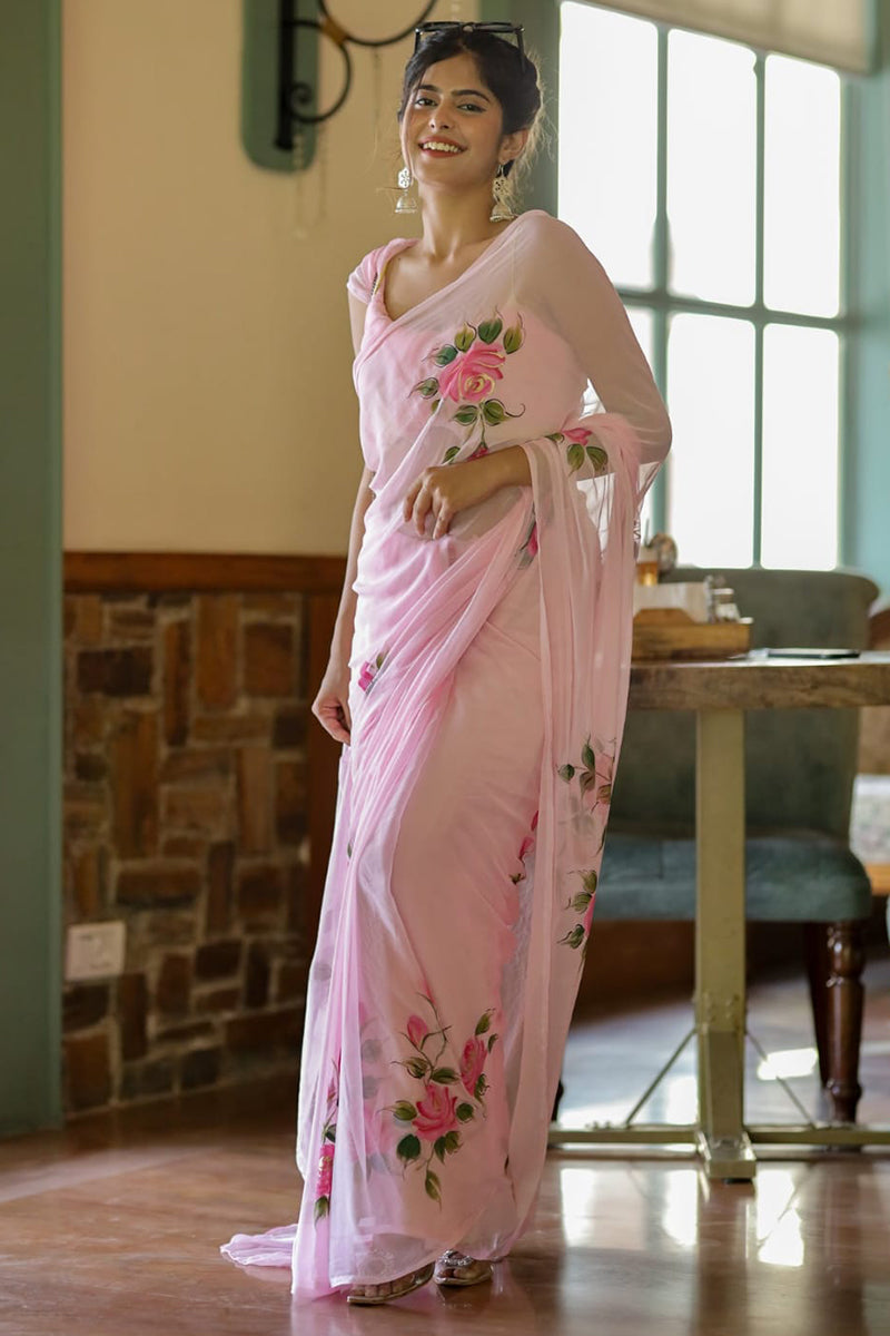 Beautiful 1-Minute Ready To Wear Pink Georgette Saree