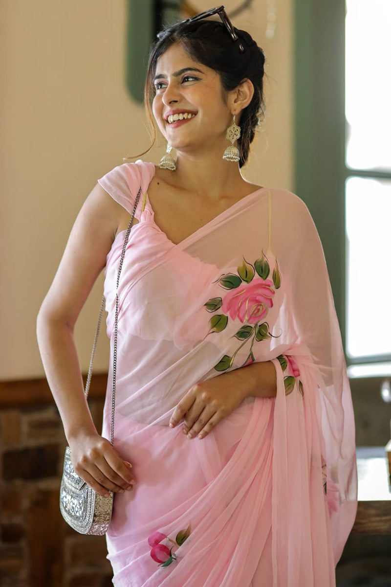 Beautiful 1-Minute Ready To Wear Pink Georgette Saree