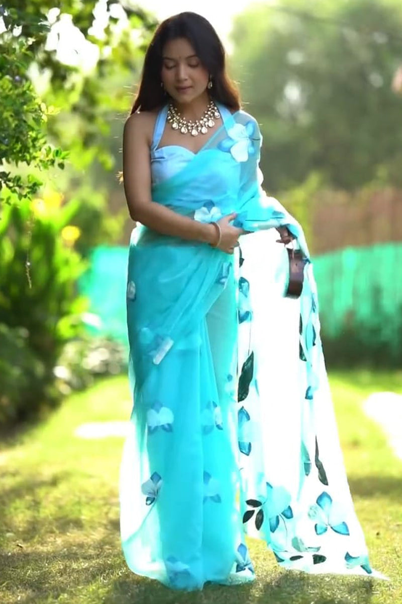 Tremendous 1-Minute Ready To Wear Sky Organza Silk Saree