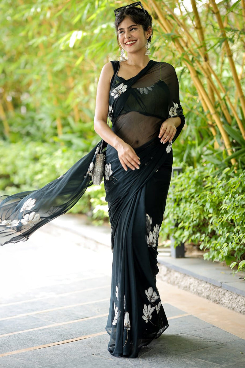 Tempting 1-Minute Ready To Wear Black Georgette Saree