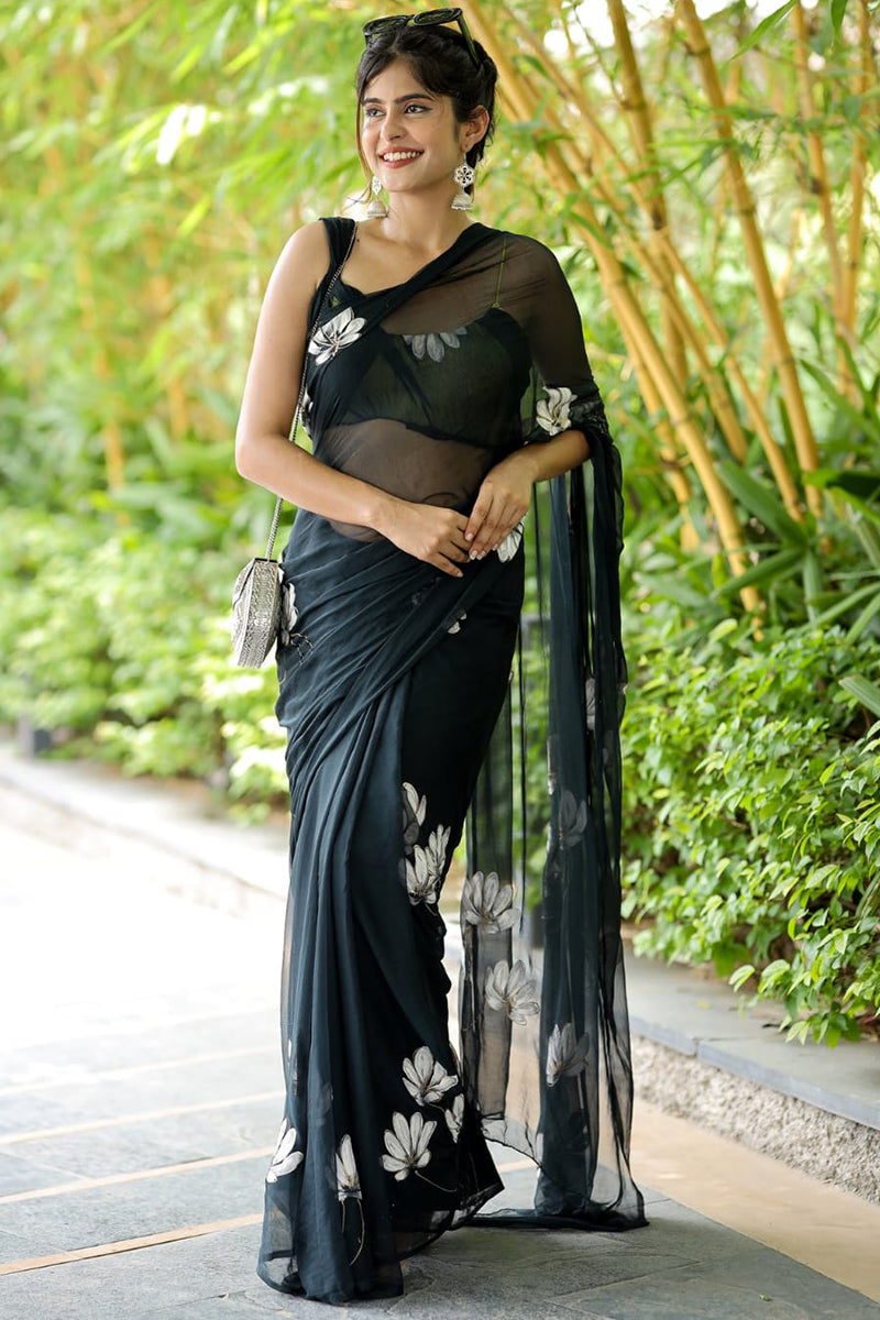 Tempting 1-Minute Ready To Wear Black Georgette Saree