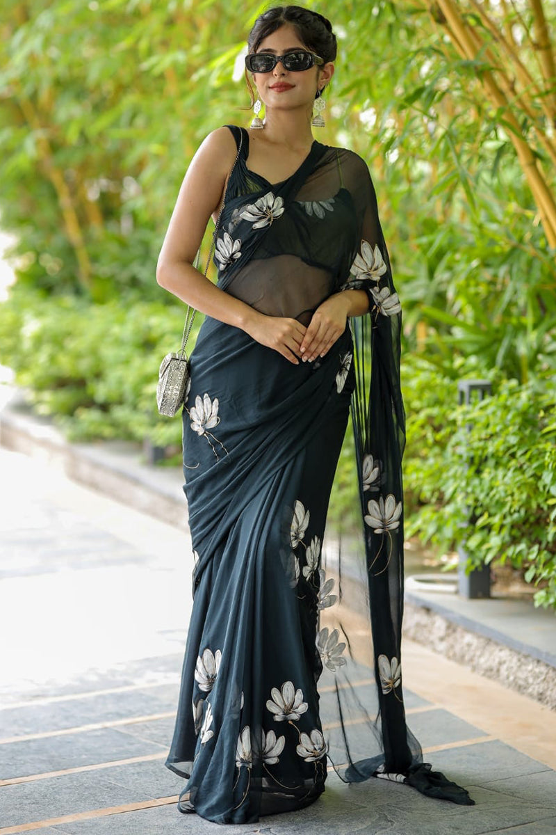 Tempting 1-Minute Ready To Wear Black Georgette Saree