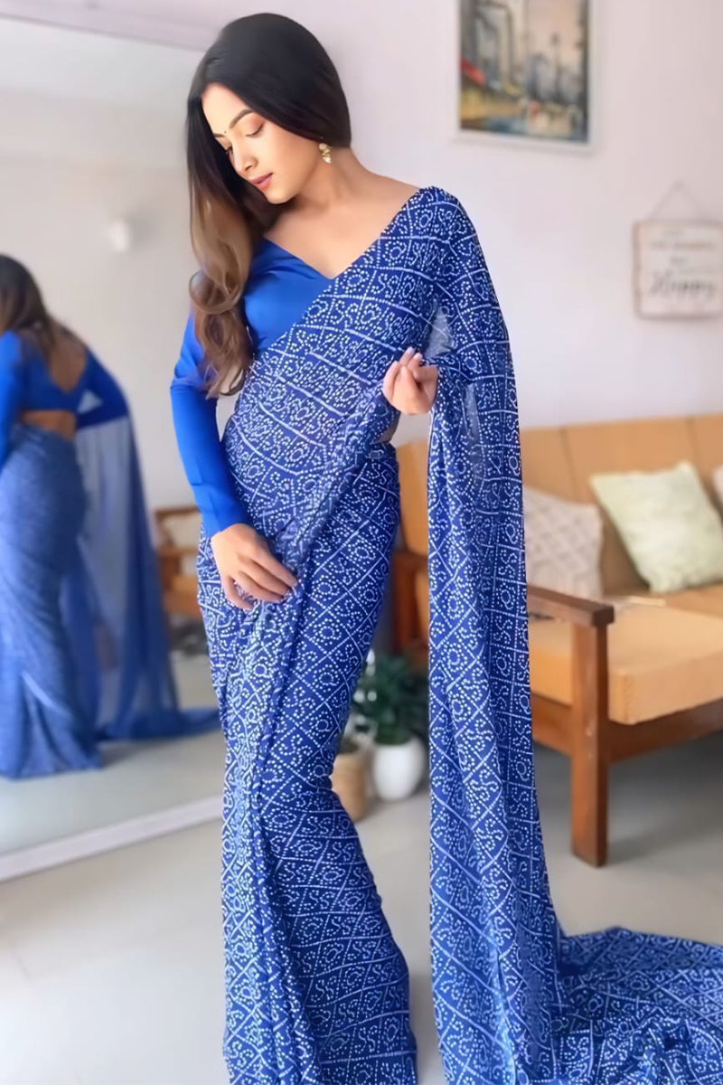 Elaborate 1-Minute Ready To Wear Blue Georgette Saree