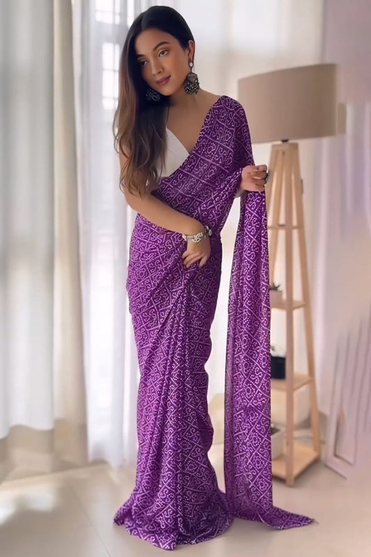 Invaluable 1-Minute Ready To Wear Purple Georgette Saree