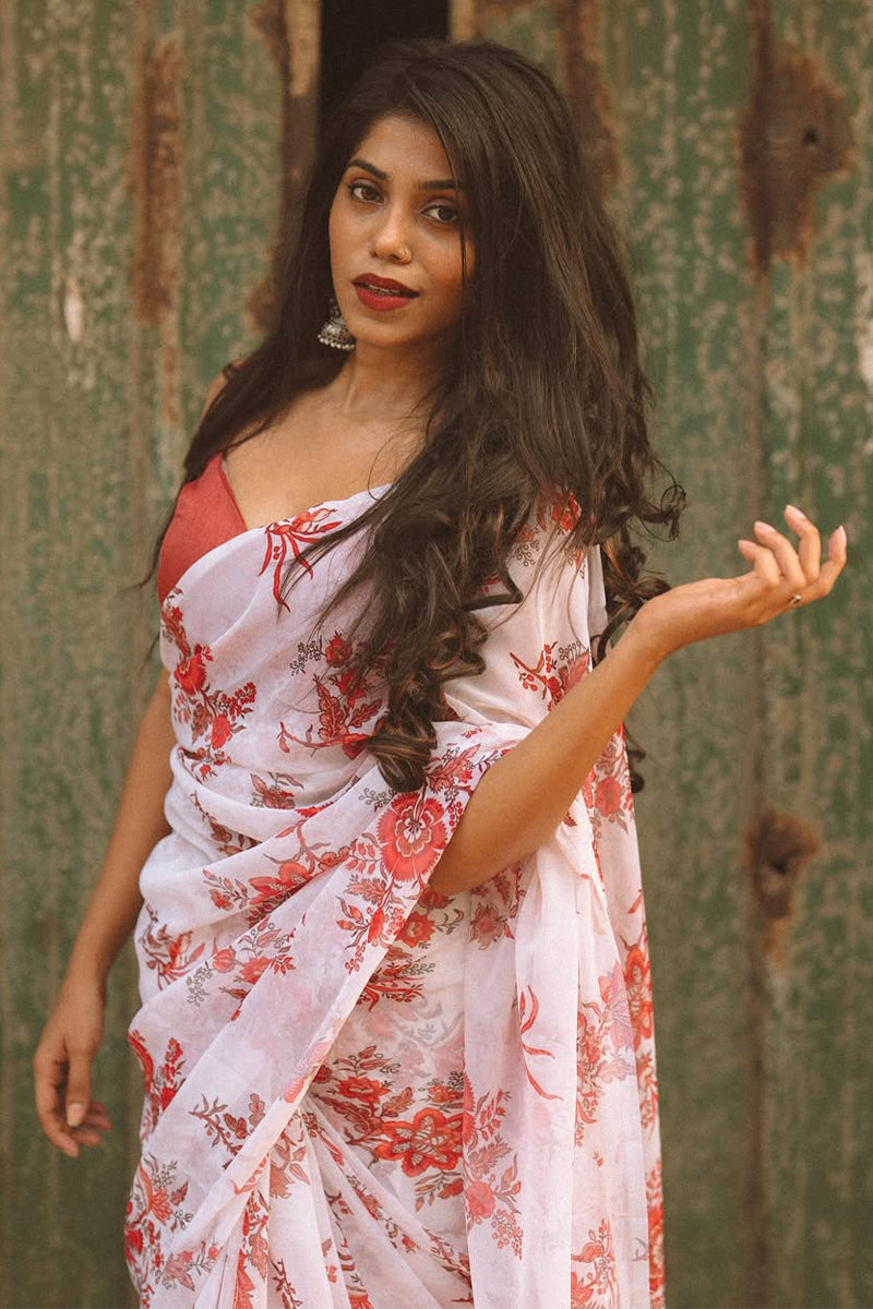 Vibrant 1-Minute Ready To Wear Off White Georgette Saree