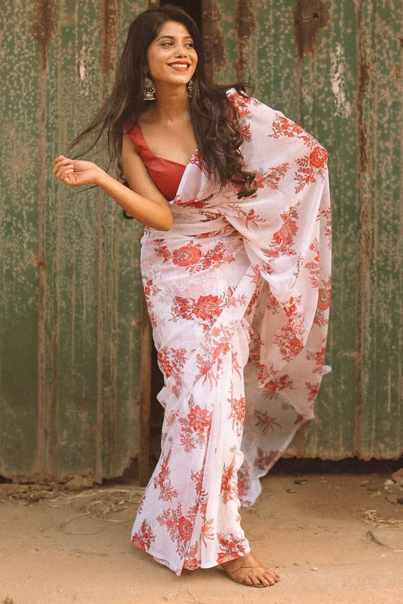 Vibrant 1-Minute Ready To Wear Off White Georgette Saree