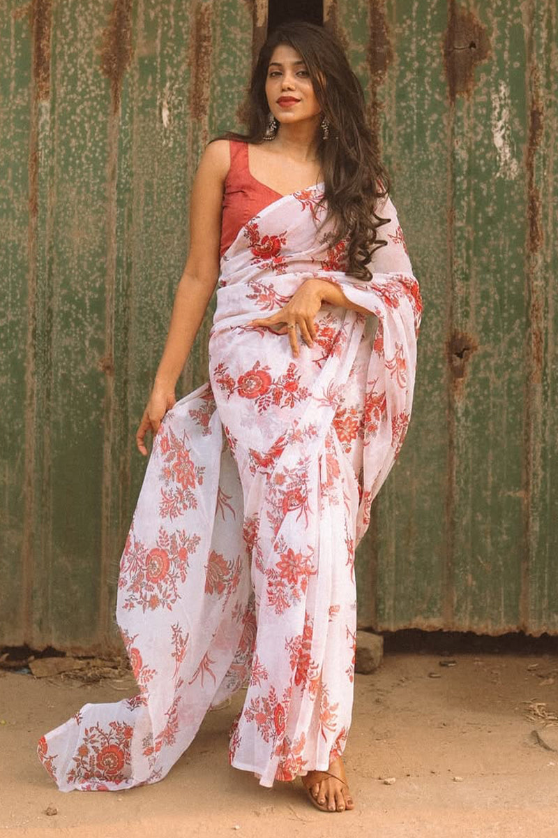 Vibrant 1-Minute Ready To Wear Off White Georgette Saree