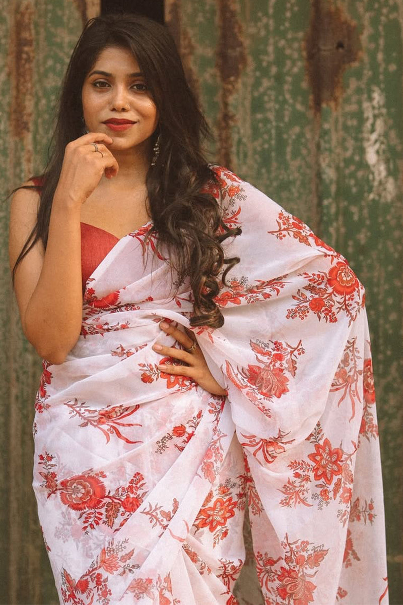 Vibrant 1-Minute Ready To Wear Off White Georgette Saree