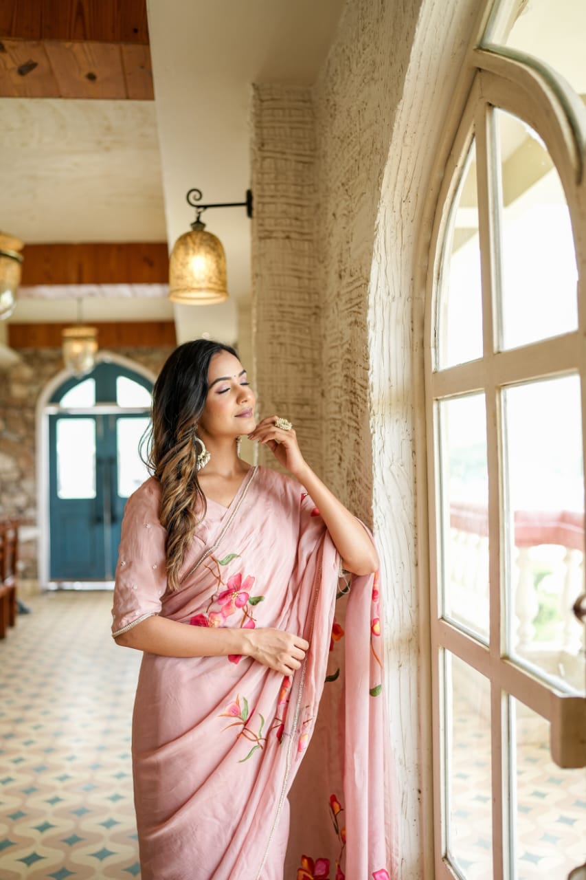 Moiety 1-Minute Ready To Wear Peach Georgette Silk Saree