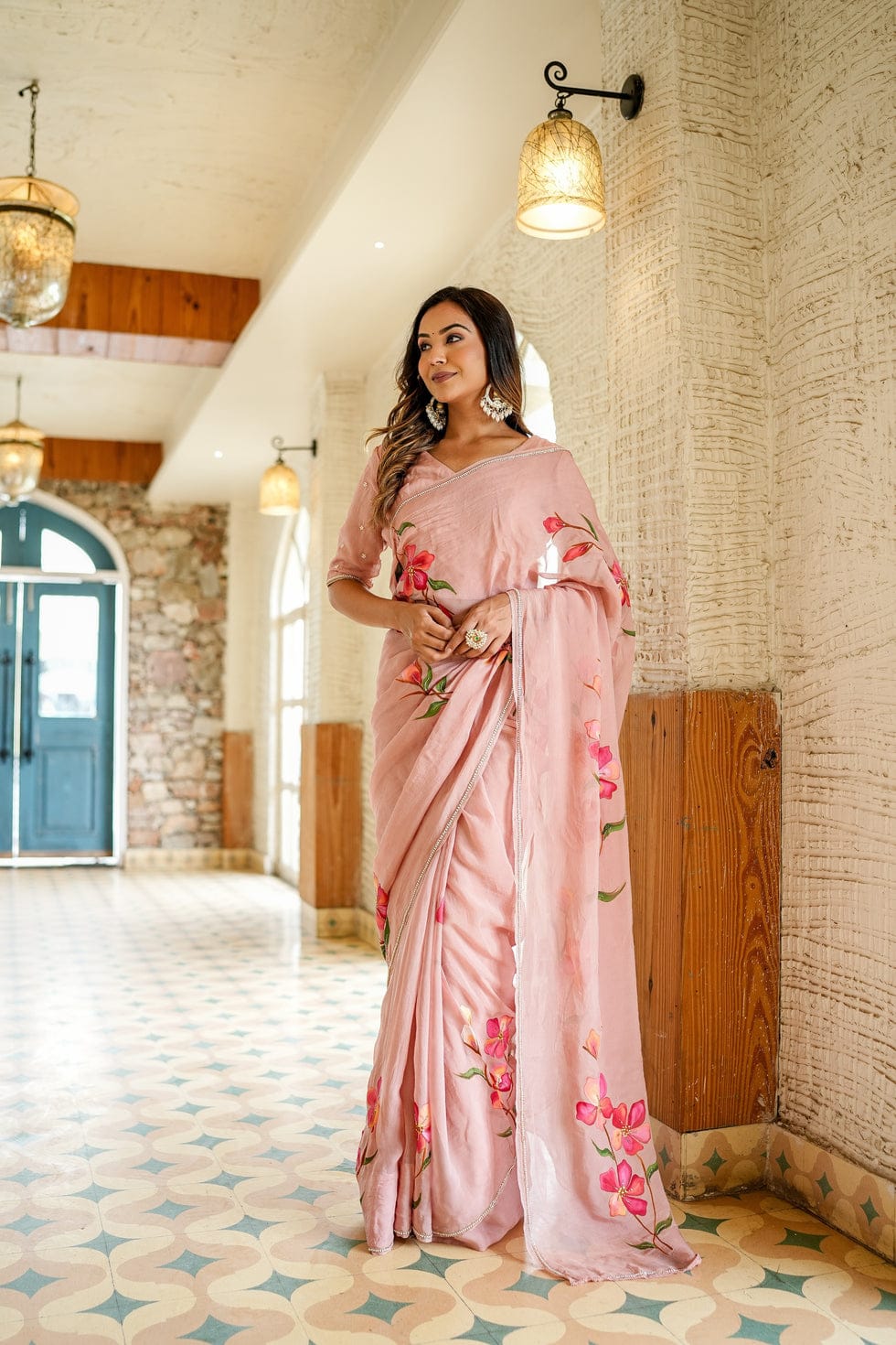 Moiety 1-Minute Ready To Wear Peach Georgette Silk Saree