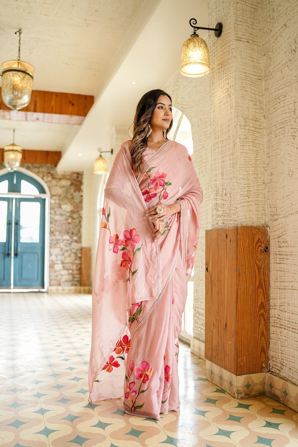 Moiety 1-Minute Ready To Wear Peach Georgette Silk Saree