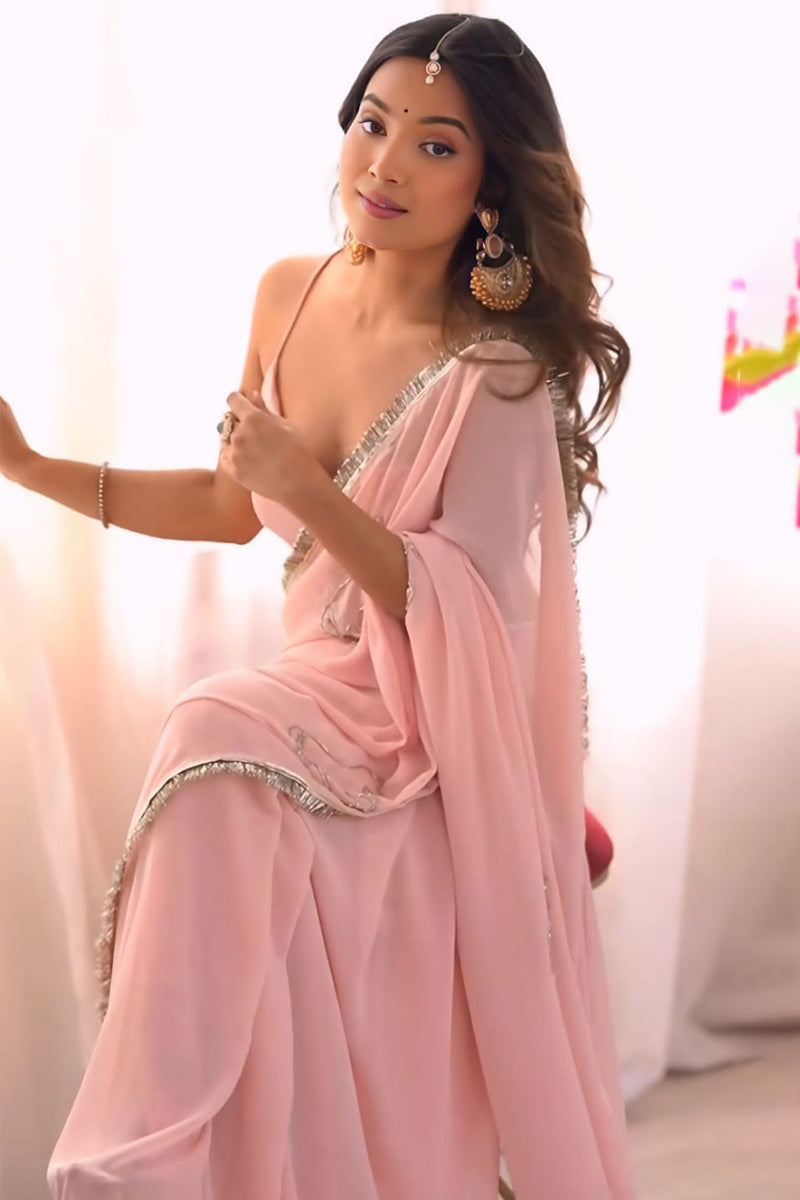 Denouement 1-Minute Ready To Wear Baby Pink Georgette Saree
