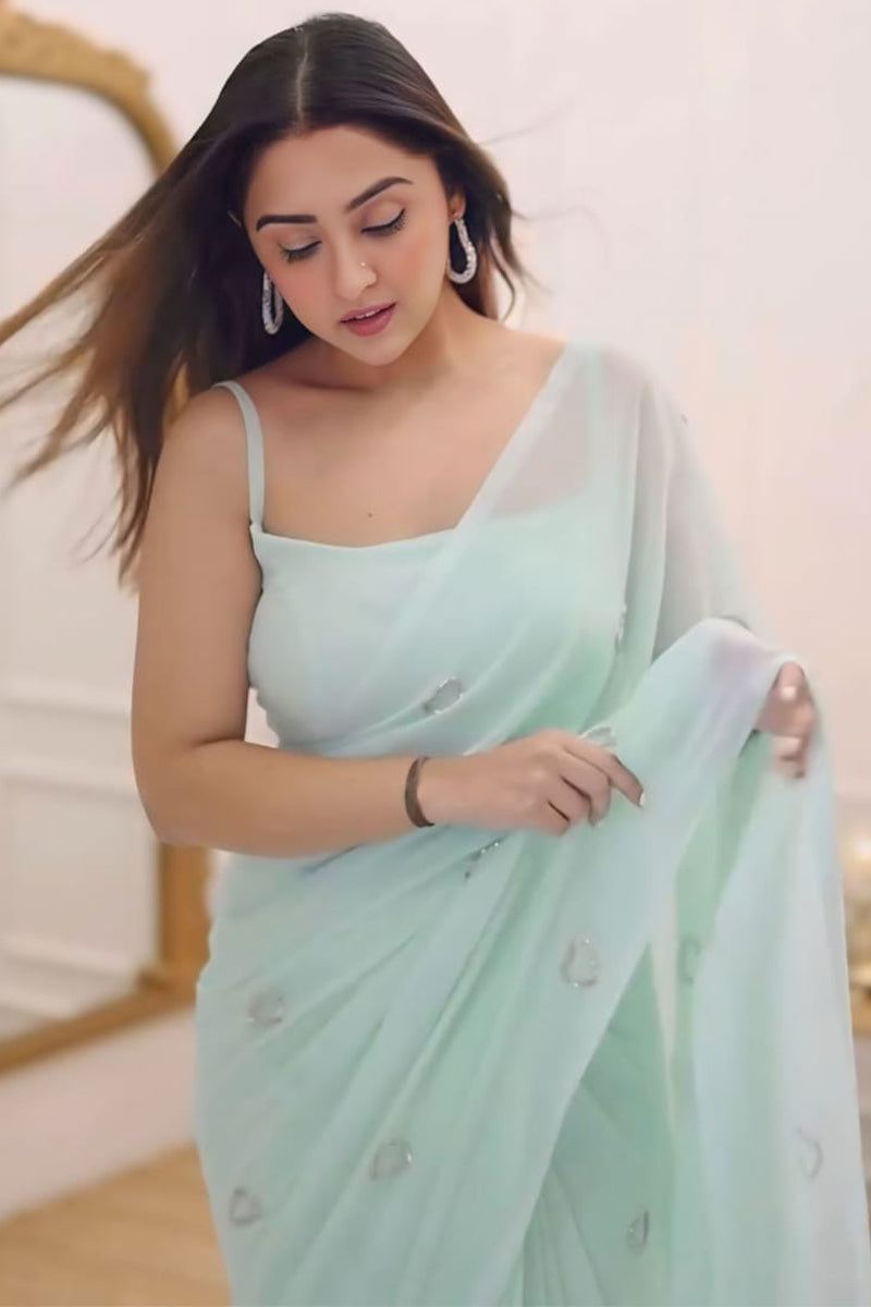 Gratifying 1-Minute Ready To Wear Turquoise Georgette Saree