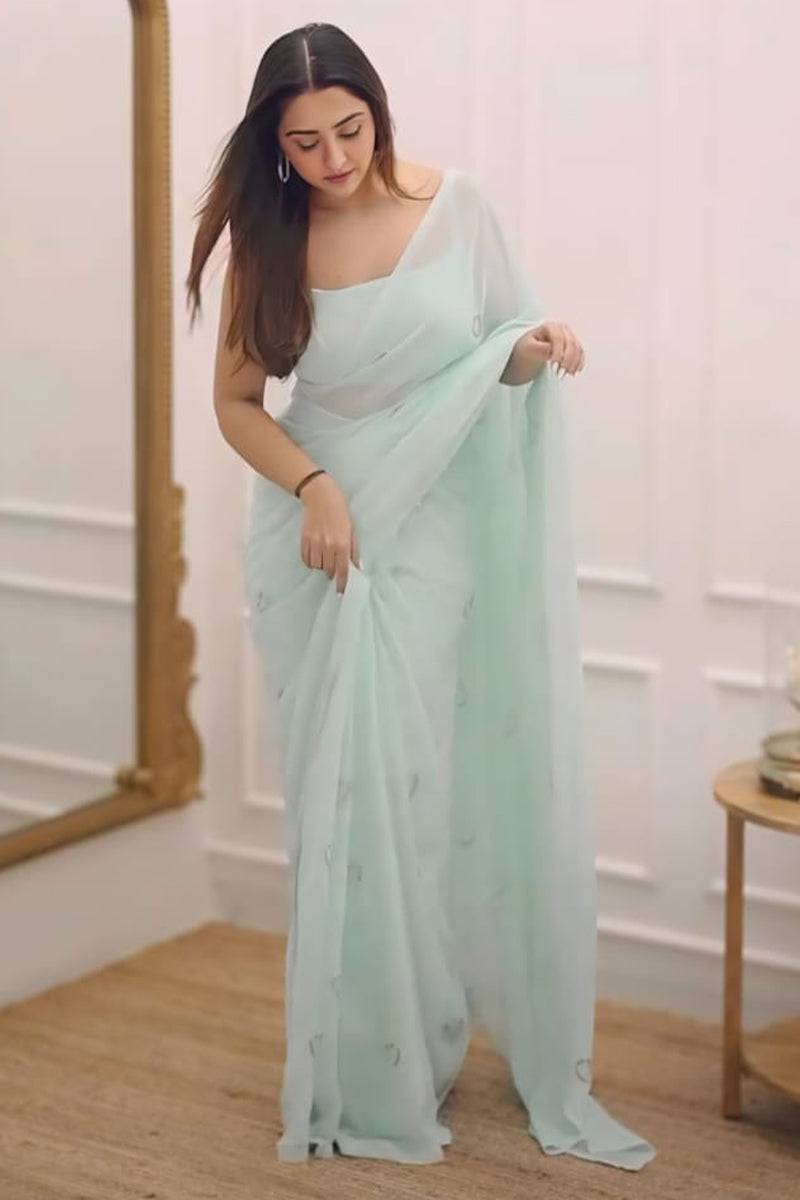 Gratifying 1-Minute Ready To Wear Turquoise Georgette Saree