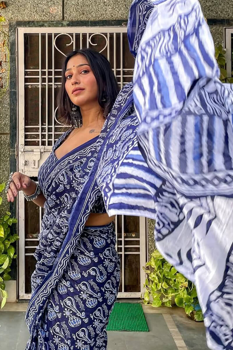 Sensational 1-Minute Ready To Wear Blue Cotton Saree