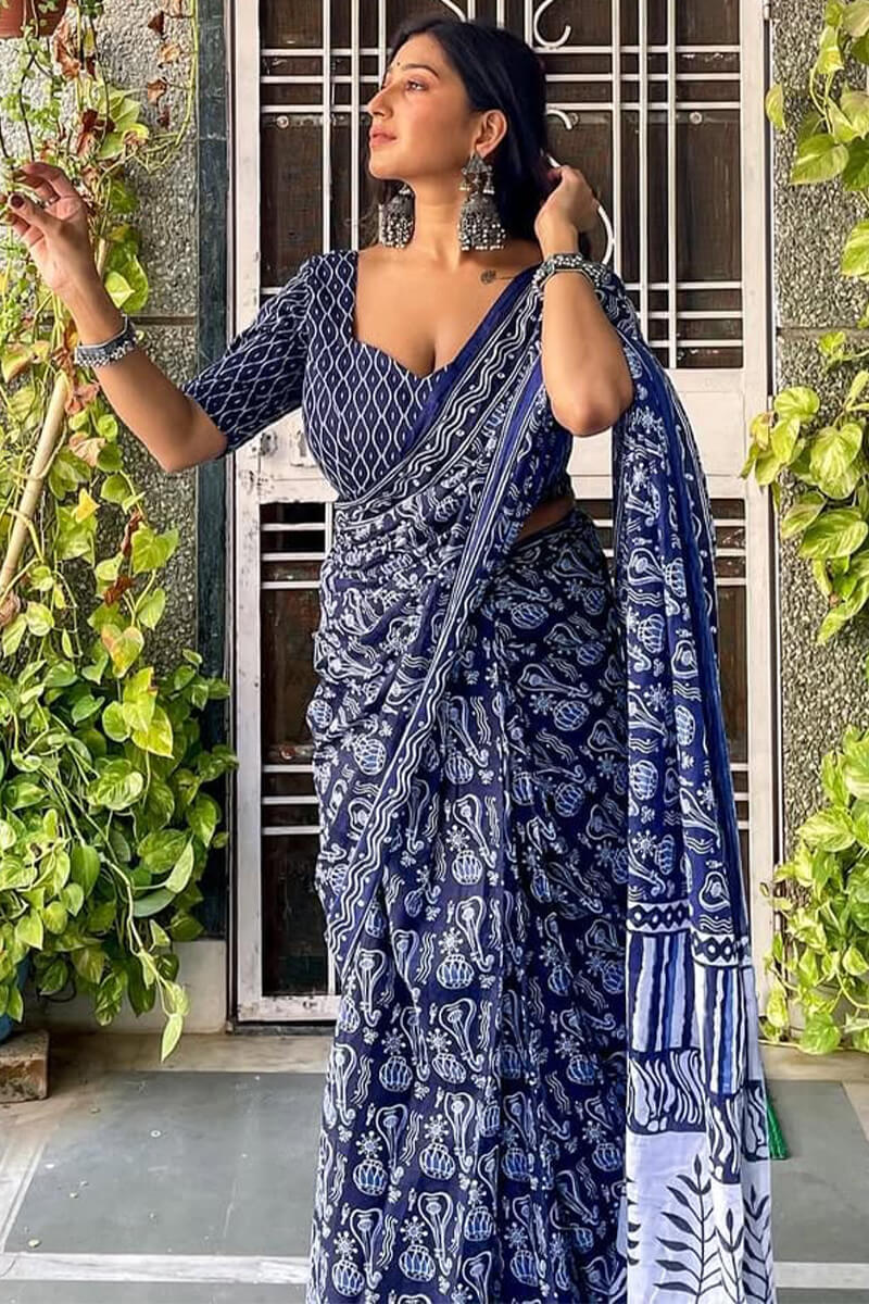 Sensational 1-Minute Ready To Wear Blue Cotton Saree