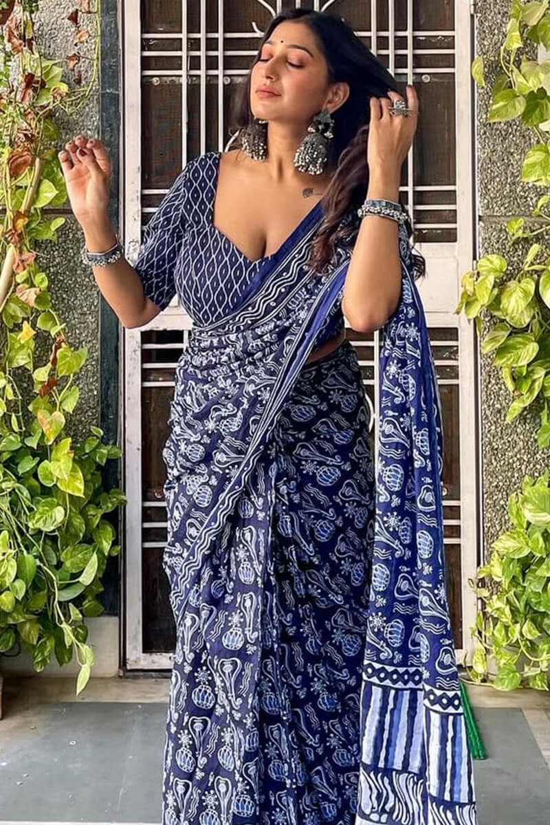 Sensational 1-Minute Ready To Wear Blue Cotton Saree