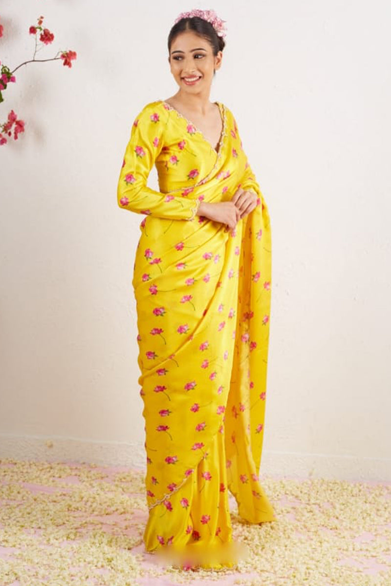 Redolent 1-Minute Ready To Wear Yellow Satin Silk Saree