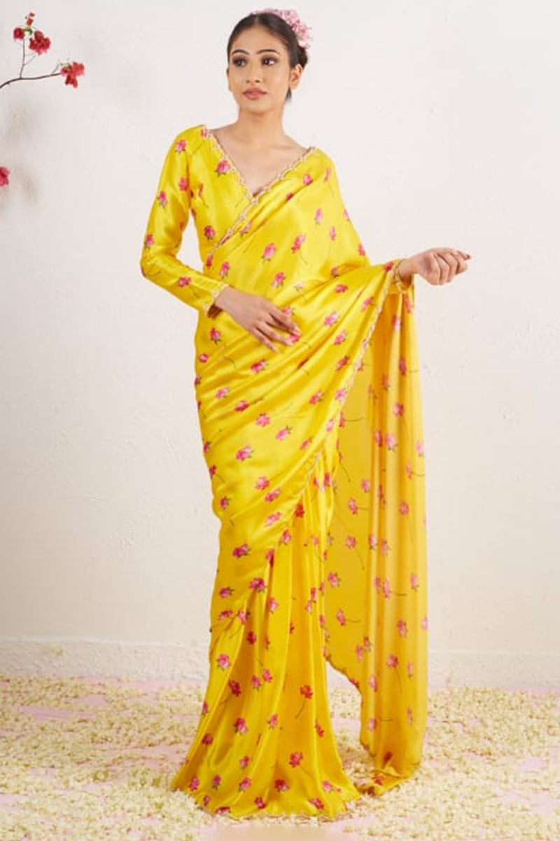 Redolent 1-Minute Ready To Wear Yellow Satin Silk Saree