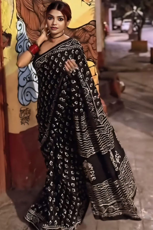 Luxuriant 1-Minute Ready To Wear Black Cotton Saree