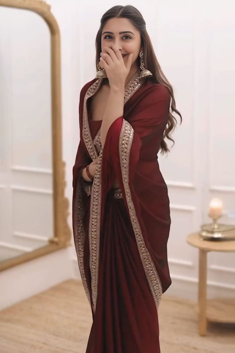 Evocative 1-Minute Ready To Wear Maroon Rangoli Silk Saree