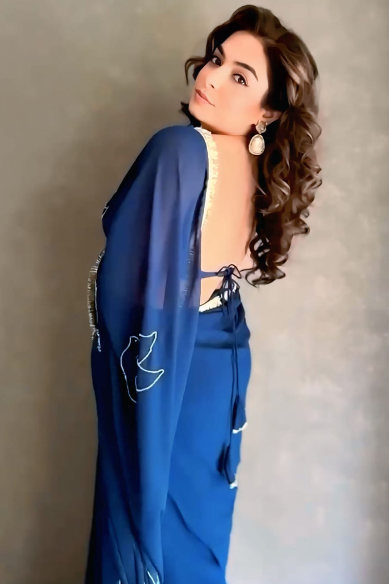 Charming 1-Minute Ready To Wear Navy Blue Georgette Saree