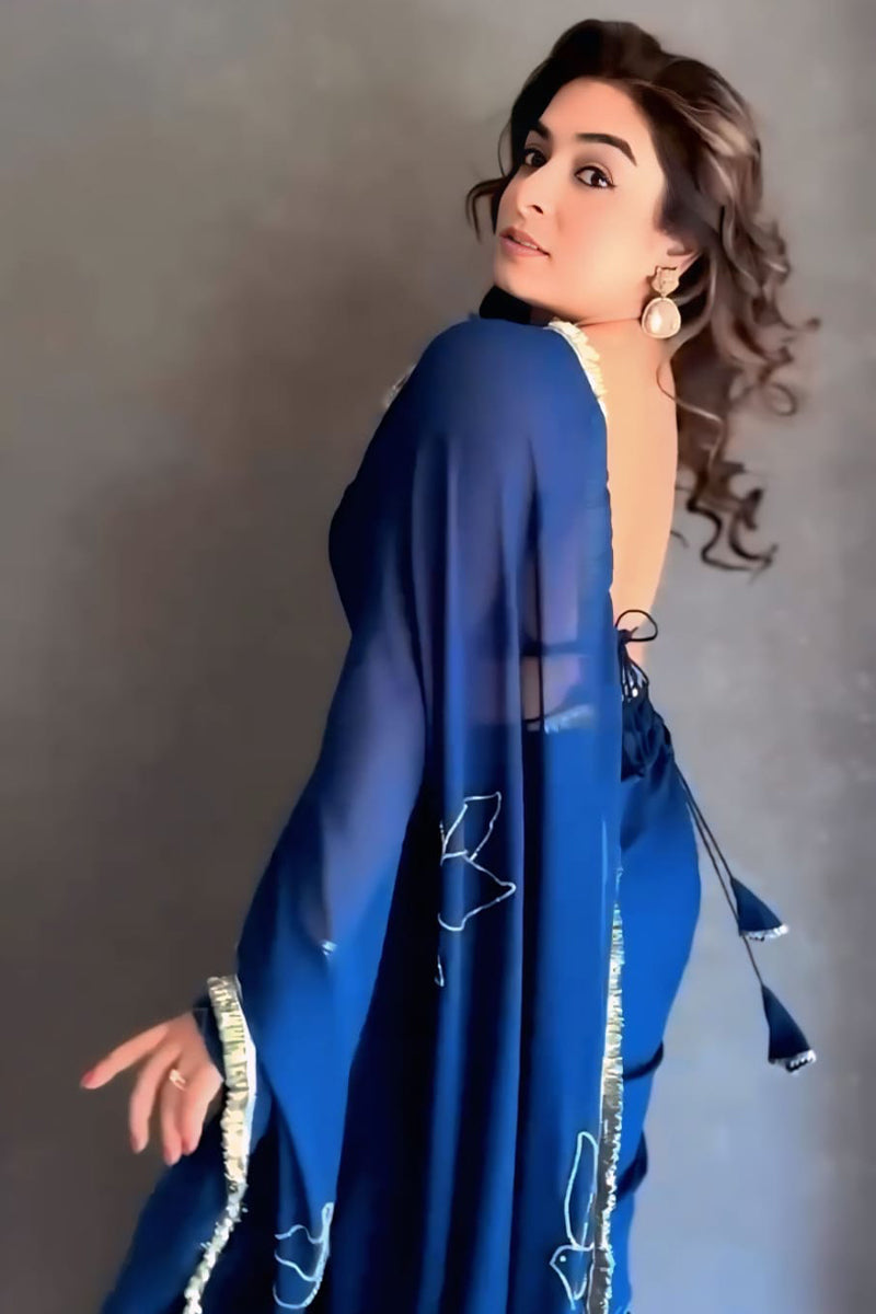 Charming 1-Minute Ready To Wear Navy Blue Georgette Saree