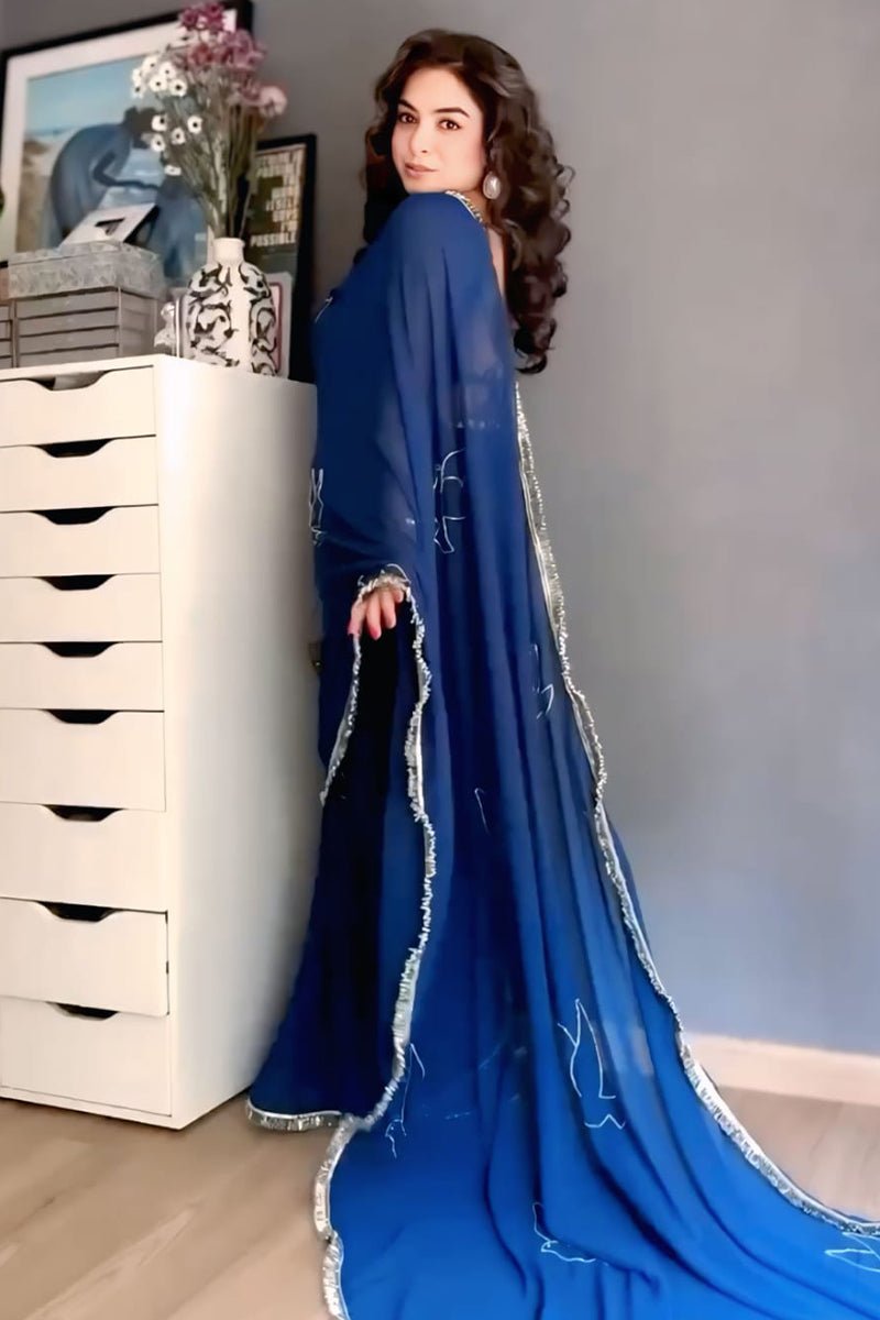 Charming 1-Minute Ready To Wear Navy Blue Georgette Saree