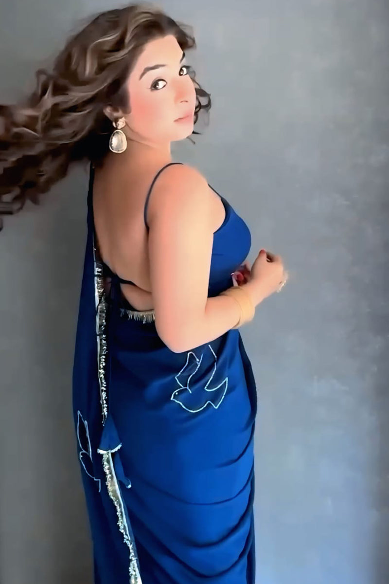 Charming 1-Minute Ready To Wear Navy Blue Georgette Saree