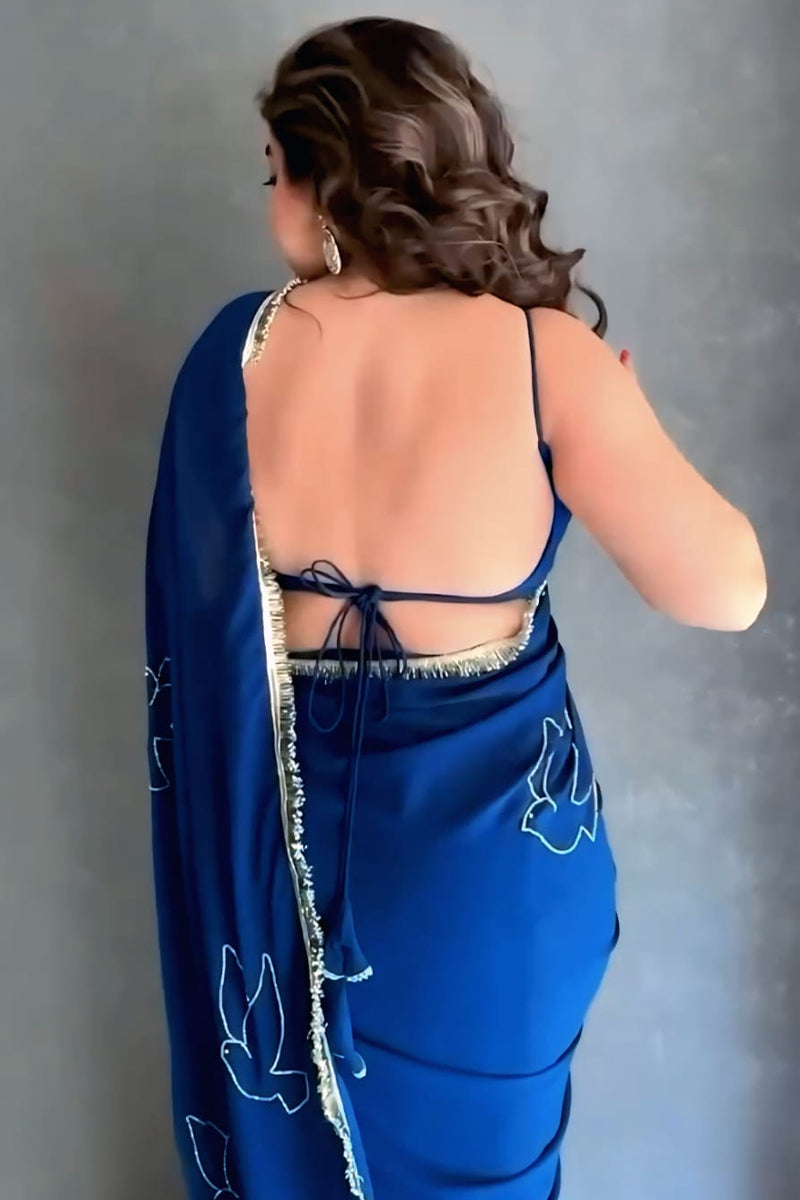 Charming 1-Minute Ready To Wear Navy Blue Georgette Saree