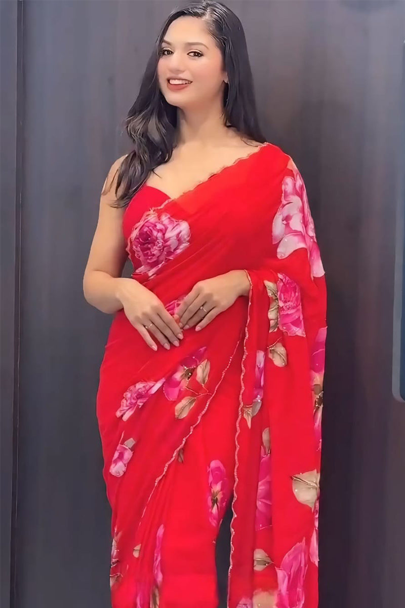 Capricious 1-Minute Ready To Wear Red Georgette Saree