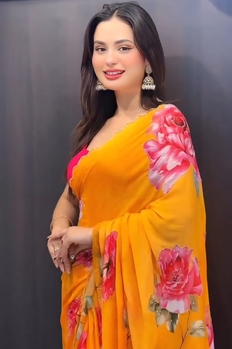 Palimpsest 1-Minute Ready To Wear Yellow Georgette Saree