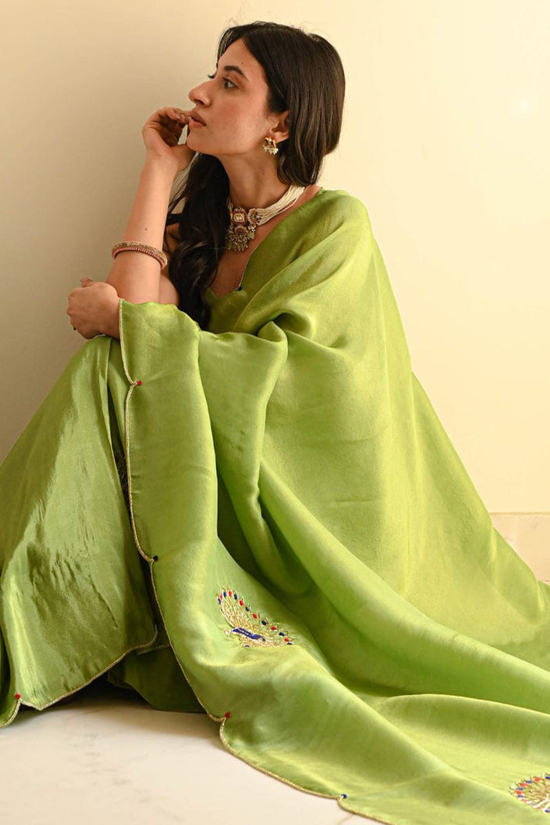 Luxuriant 1-Minute Ready To Wear Green Malai Satin Silk Saree
