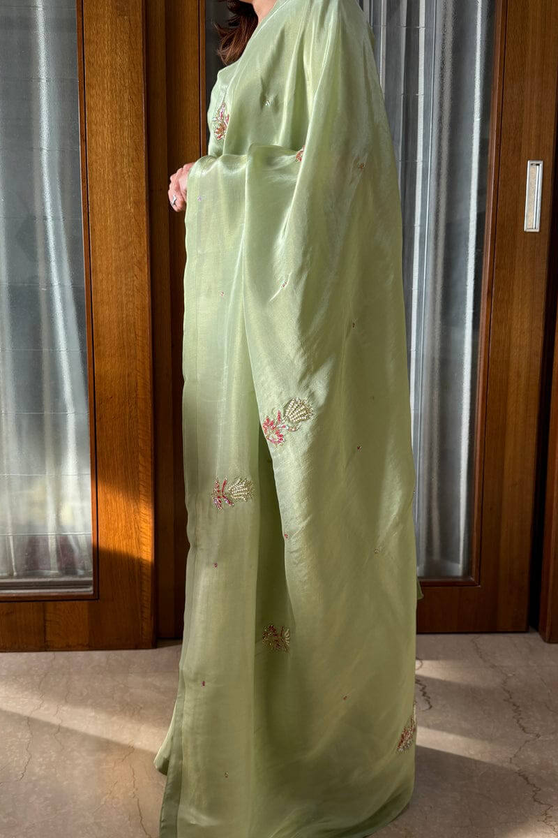 Flattering 1-Minute Ready To Wear Pista Malai Satin Silk Saree