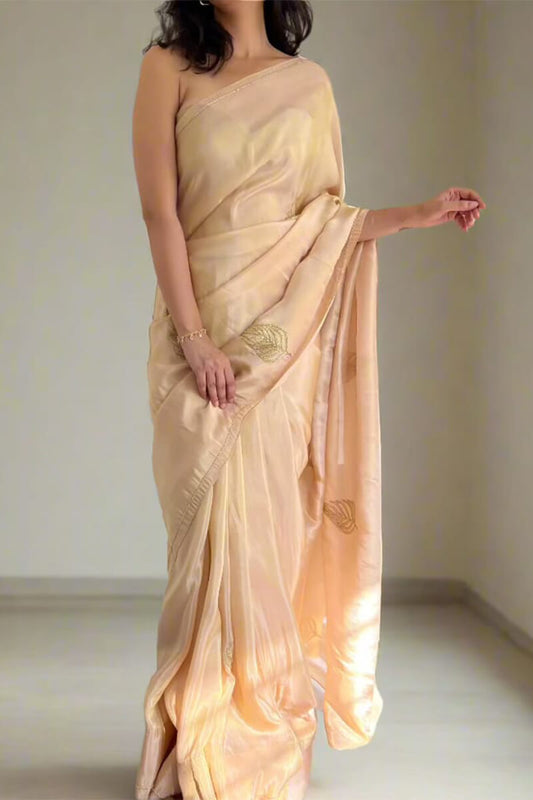 Arresting 1-Minute Ready To Wear Peach Malai Satin Silk Saree