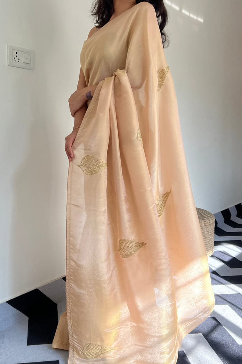 Arresting 1-Minute Ready To Wear Peach Malai Satin Silk Saree