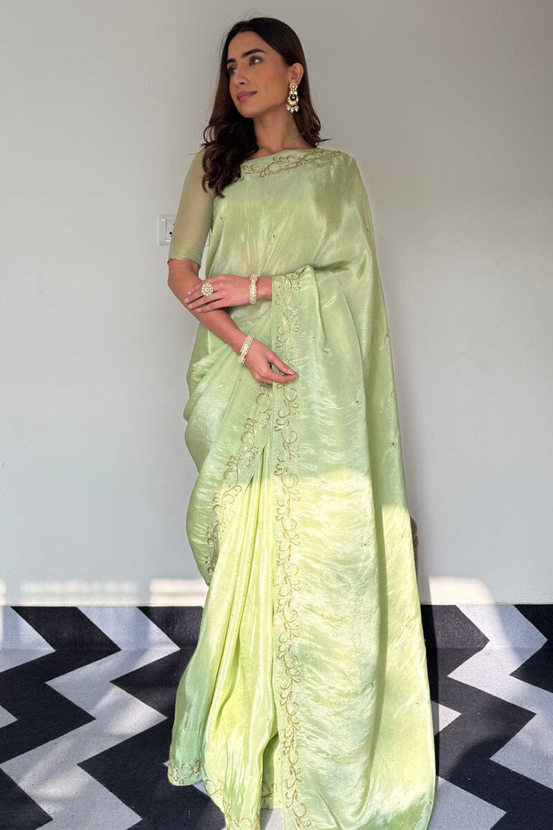 Glowing 1-Minute Ready To Wear Pista Malai Satin Silk Saree