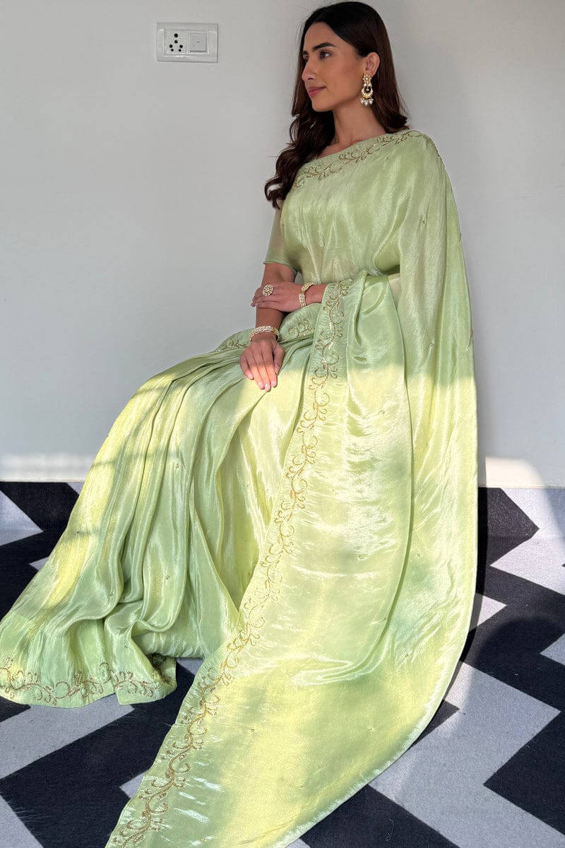 Glowing 1-Minute Ready To Wear Pista Malai Satin Silk Saree