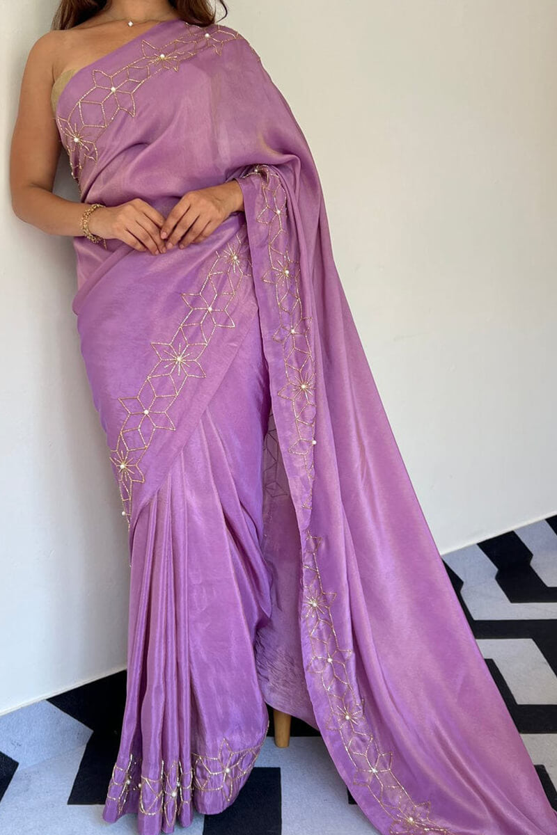 Imaginative 1-Minute Ready To Wear Lavender Malai Satin Silk Saree