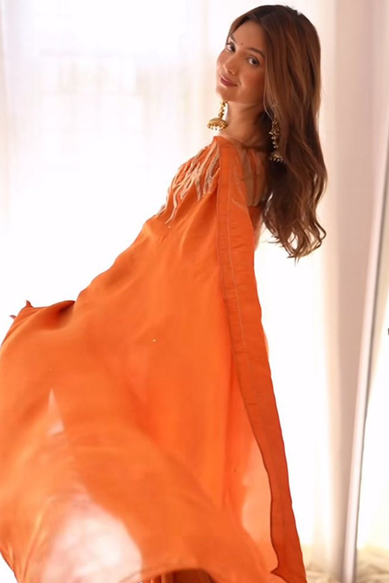 Supernal 1-Minute Ready To Wear Orange Malai Satin Silk Saree