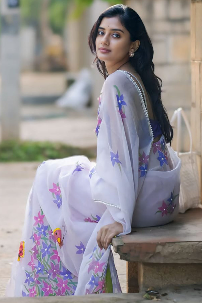 Impressive 1-Minute Ready To Wear Off White Organza Silk Saree