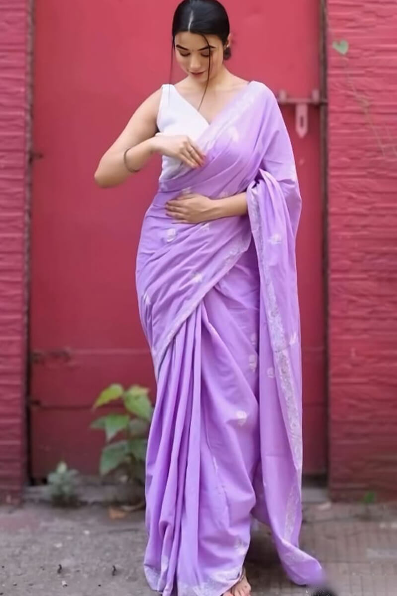 Deserving 1 Minute Ready To Wear Lavender Mul Cotton Digital Printed Saree With Pocket