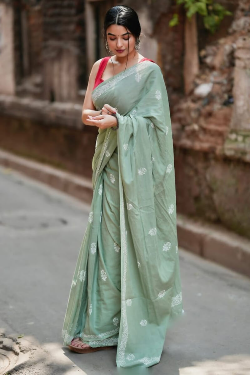 Breathtaking 1 Minute Ready To Wear Pista Mul Cotton Digital Printed Saree With Pocket