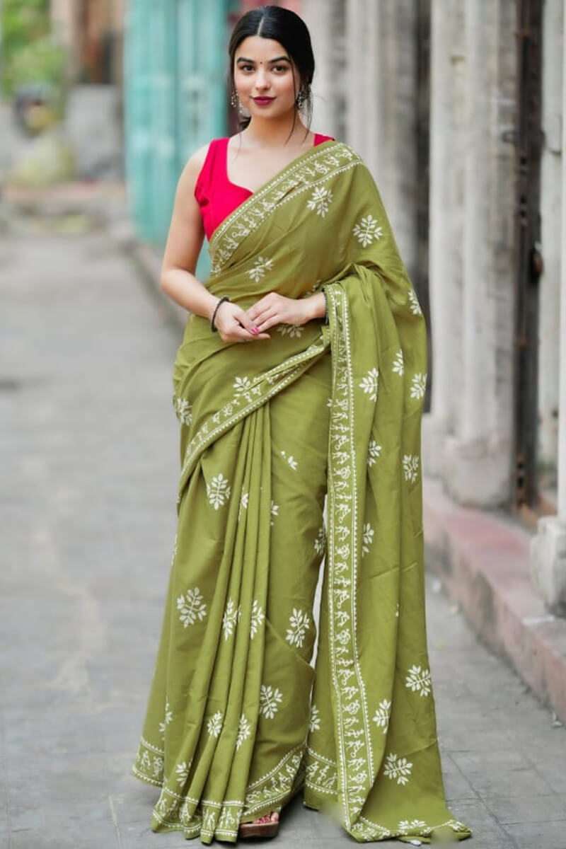 Confounding 1 Minute Ready To Wear Green Mul Cotton Digital Printed Saree With Pocket