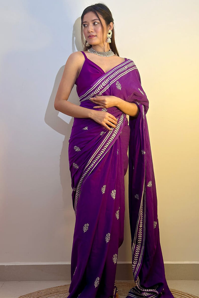 Zephyr 1 Minute Ready To Wear Purple Mul Cotton Digital Printed Saree With Pocket