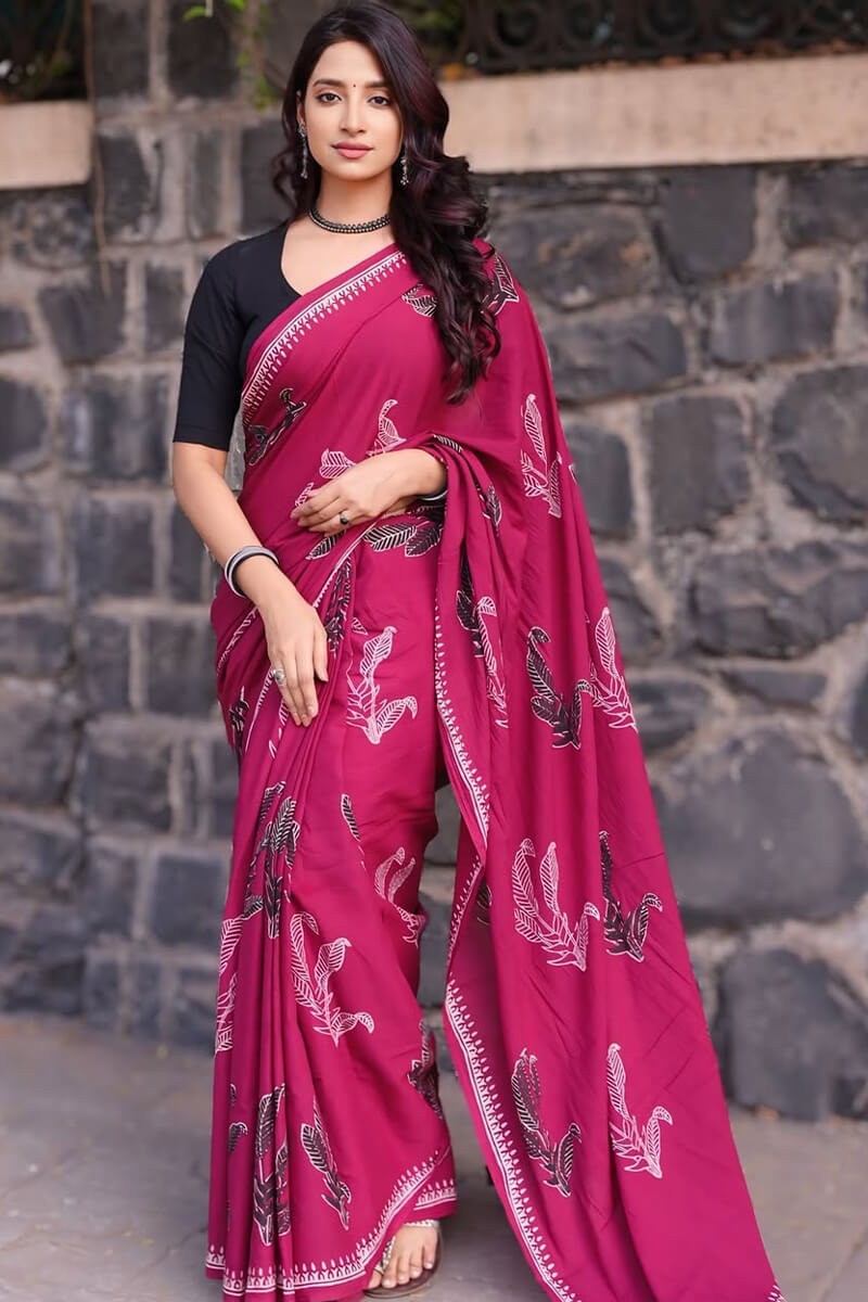 Bewitching 1 Minute Ready To Wear Dark Pink Mul Cotton Digital Printed Saree With Pocket